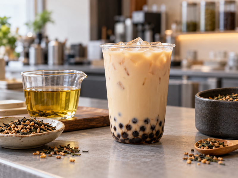 Genmaicha bubble tea with pearls on a Chinese cafe counter