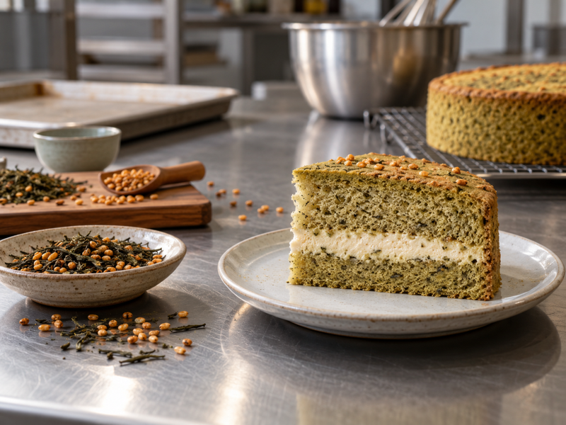 genmaicha cake recipe: Slice of genmaicha sponge cake in a Chinese bakery test kitchen