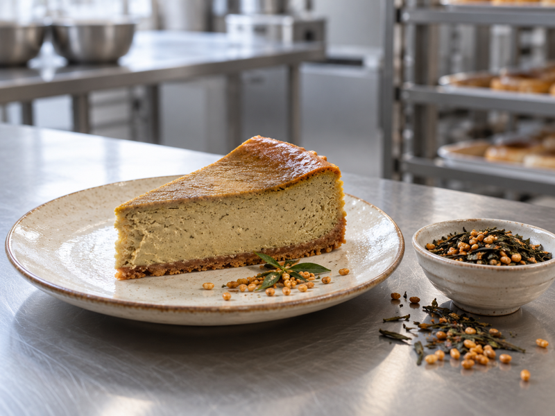 Slice of genmaicha cheesecake in a Chinese bakery test kitchen