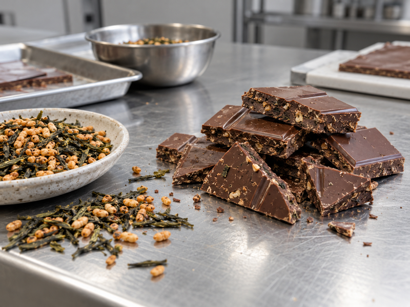Genmaicha chocolate pieces on a confectionery workbench