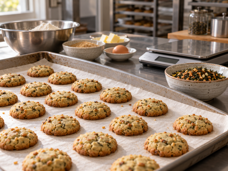 Genmaicha cookies cooling in a Chinese bakery test kitchen
