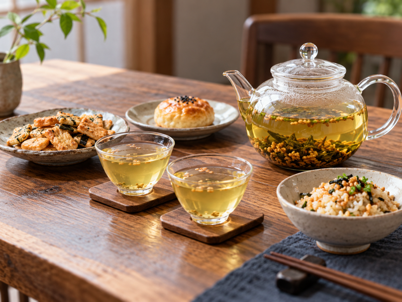genmaicha food pairing: Genmaicha tasting cups with small savory and sweet foods