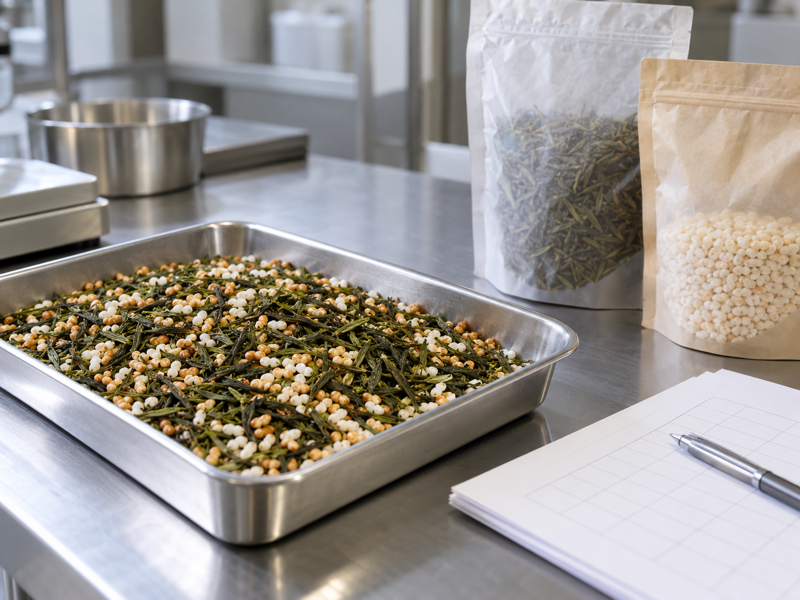 genmaicha gluten free: Genmaicha ingredients and blank lab forms in a Chinese quality room