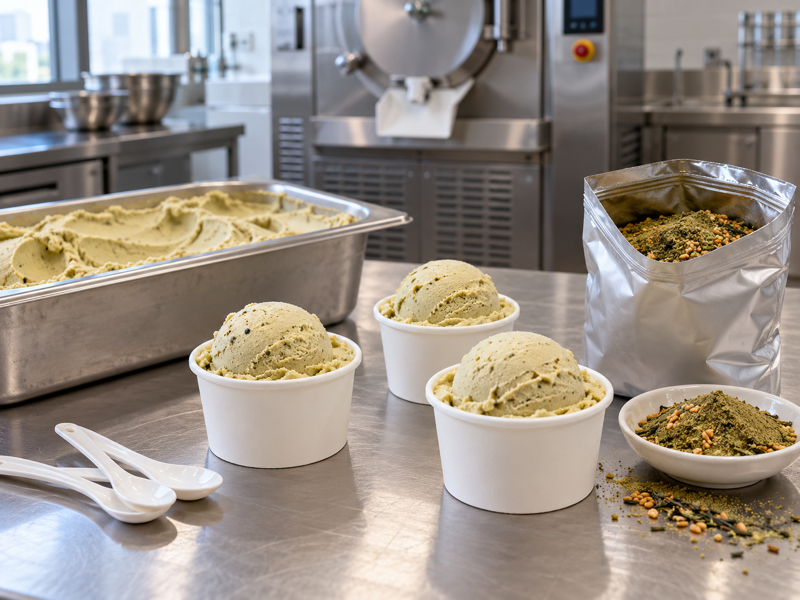 Genmaicha ice cream trial tubs in a food development kitchen