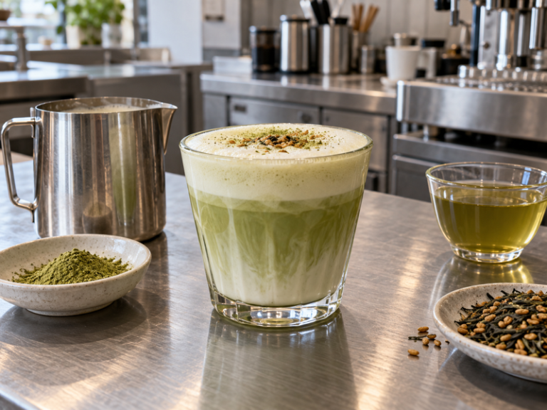 Genmaicha latte prepared in a mainland China café test kitchen