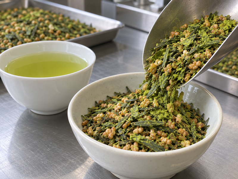 Genmaicha matcha iri loose blend with roasted rice and matcha at a factory