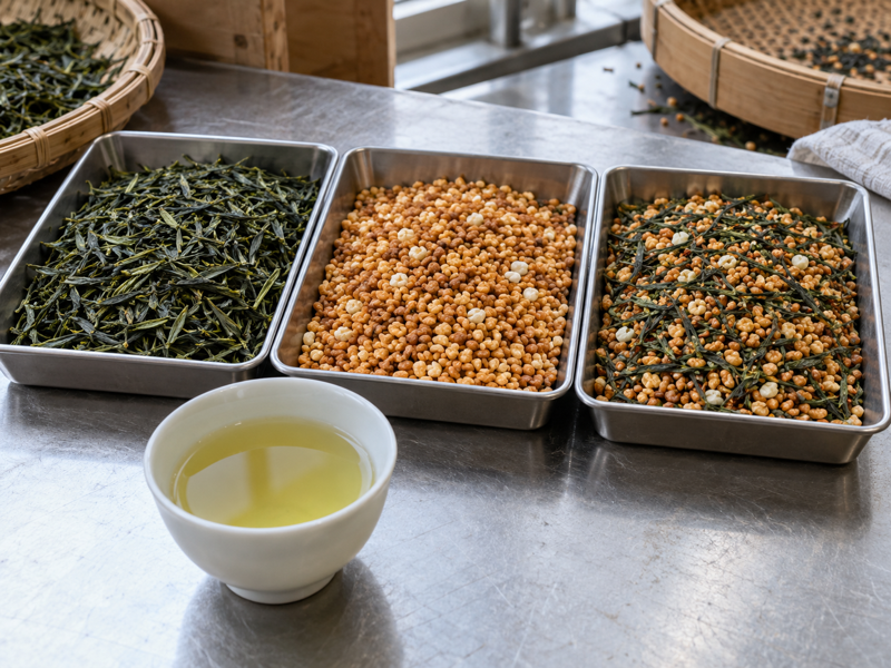 Genmaicha meaning shown by separate trays of green tea leaves and roasted rice