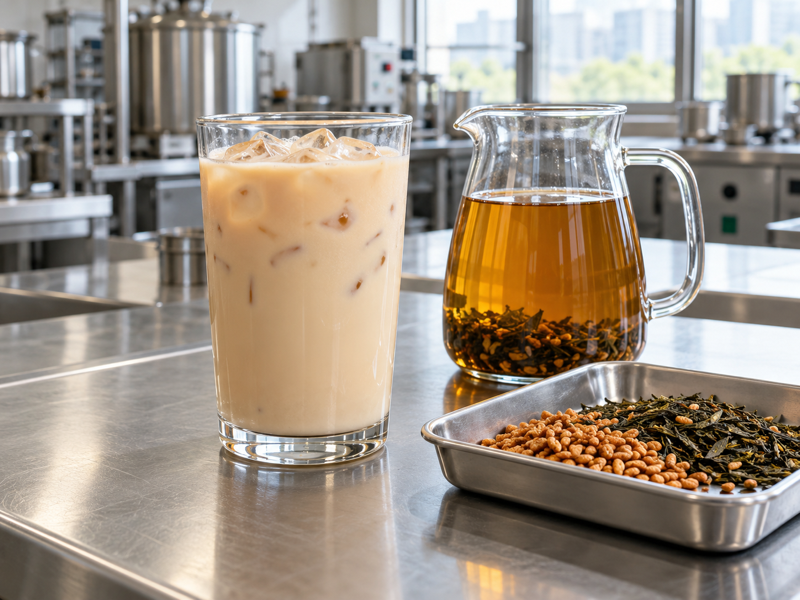 Genmaicha milk tea development sample in a tea beverage factory