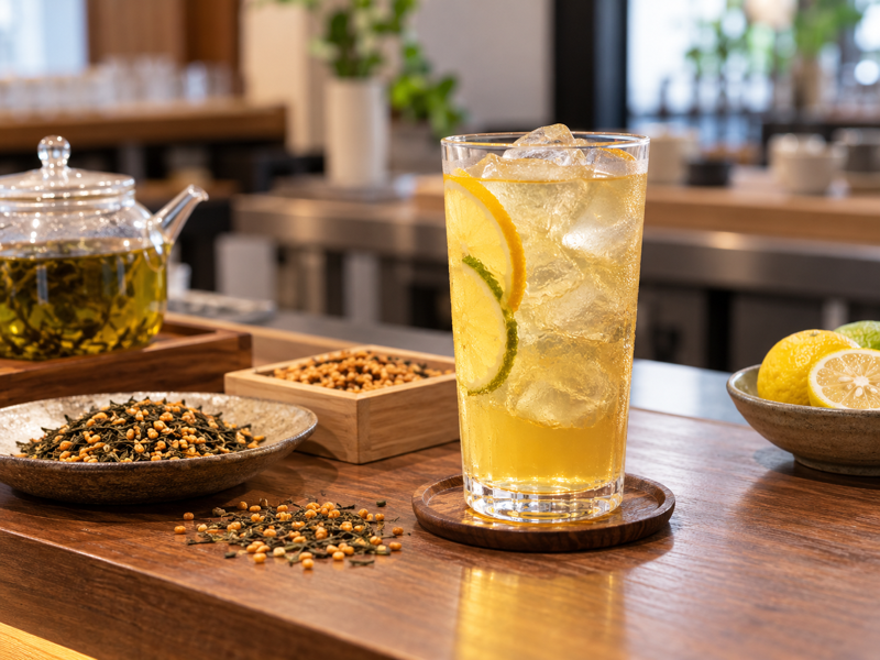 genmaicha mocktail: Genmaicha citrus mocktail on a Chinese cafe counter