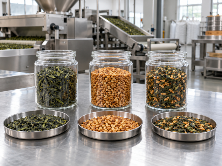 Genmaicha origin research samples of green tea and roasted rice in a tea workspace