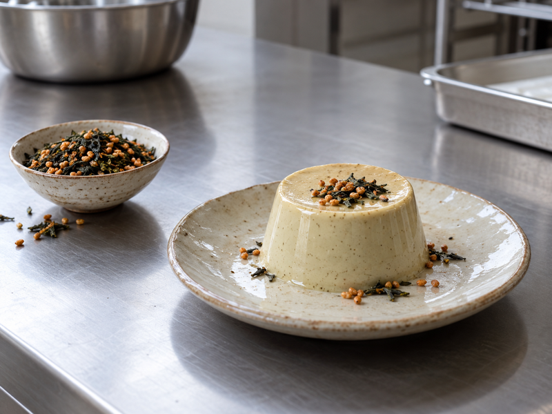 Genmaicha panna cotta in a Chinese pastry test kitchen