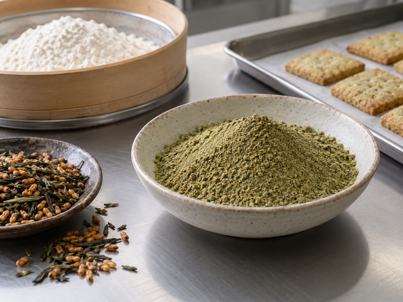 genmaicha powder for baking: Genmaicha powder and crackers in a Chinese bakery ingredient lab