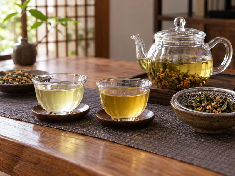 genmaicha second steep: First and second genmaicha infusions in clear tasting cups