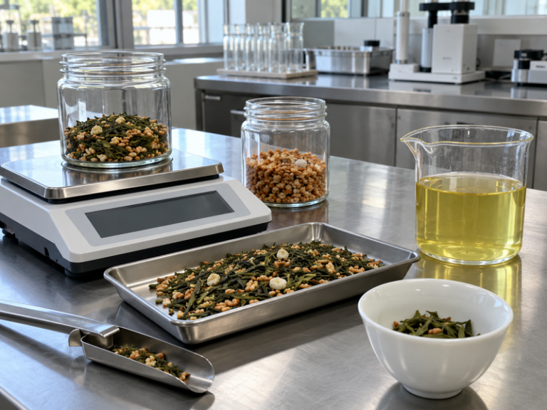 Genmaicha tea caffeine evaluation samples in a factory laboratory