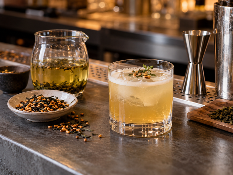Genmaicha tea cocktail on a Chinese bar development counter