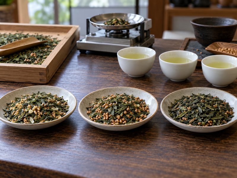 Different genmaicha tea grades in ceramic dishes at a quality table