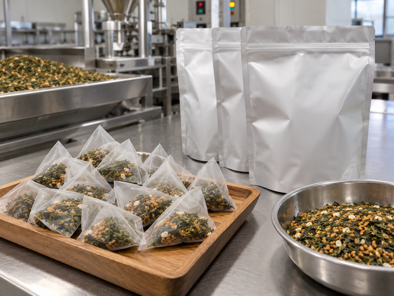 genmaicha tea packaging: Genmaicha tea sachets and plain barrier pouches in a Chinese packing room