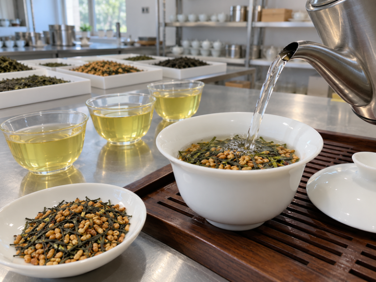 Genmaicha tea recipe brewing setup in a factory sample room