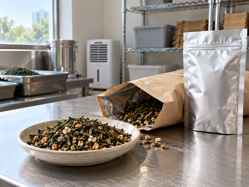 genmaicha tea shelf life: Genmaicha tea in plain barrier pouches at a packing room