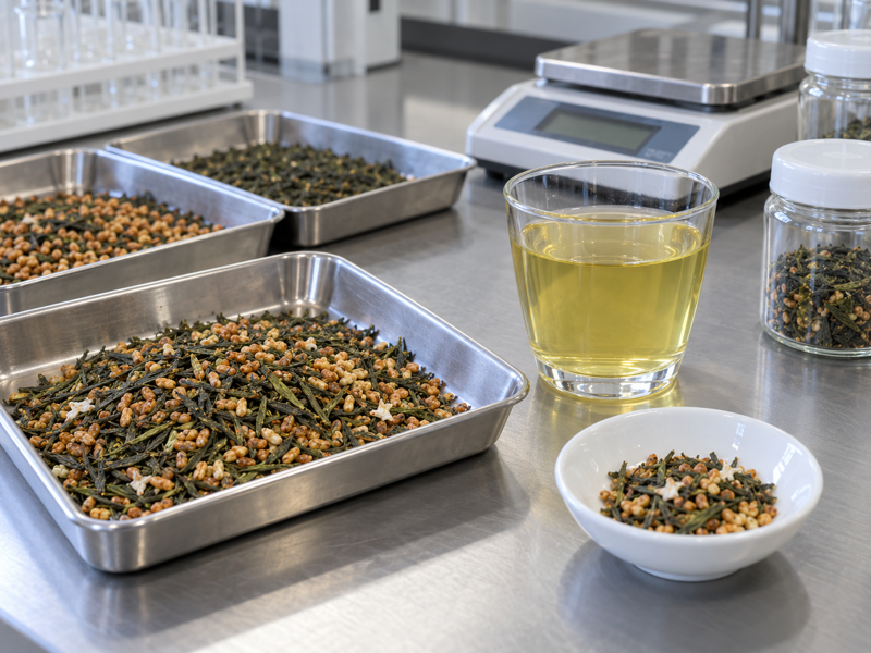 Genmaicha tea side effects review with a sample and brewed cup in a quality laboratory