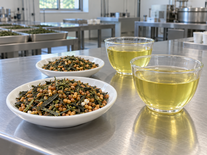 Genmaicha vs green tea tasting comparison in a factory sample room