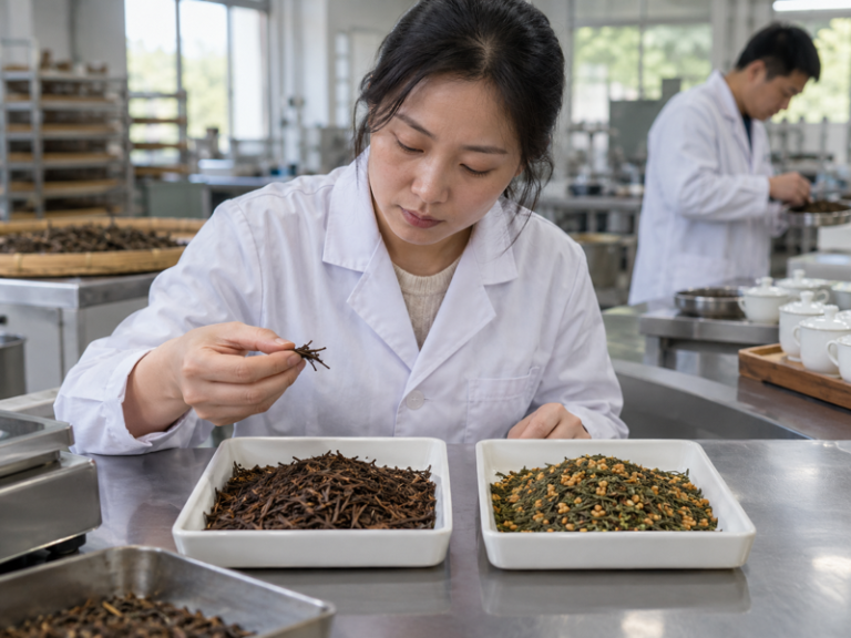 Loose roasted hojicha and genmaicha with roasted rice compared in a professional tea lab