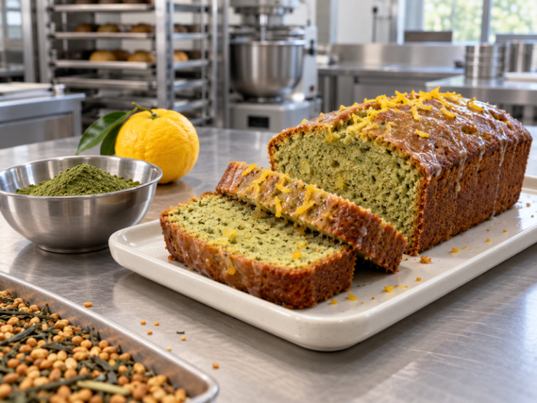 Sliced genmaicha yuzu cake in a commercial bakery test kitchen