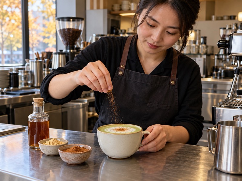 Chinese café barista finishing a hot gingerbread matcha latte with a measured spice dusting