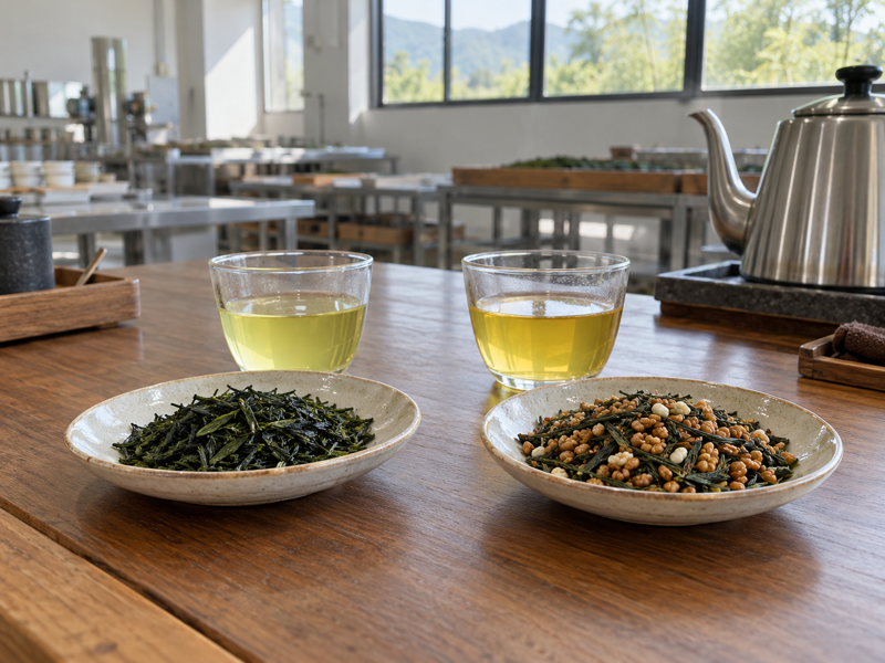 gyokuro genmaicha: Gyokuro leaves and genmaicha blend in tea tasting bowls