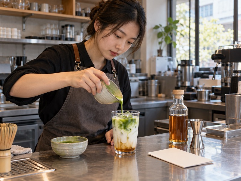 Chinese café barista pouring matcha into iced milk with measured hazelnut syrup
