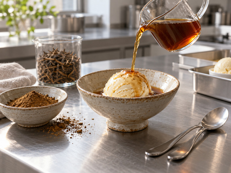Warm hojicha pour over ice cream