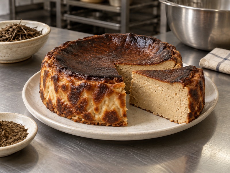 Cut hojicha Basque cheesecake