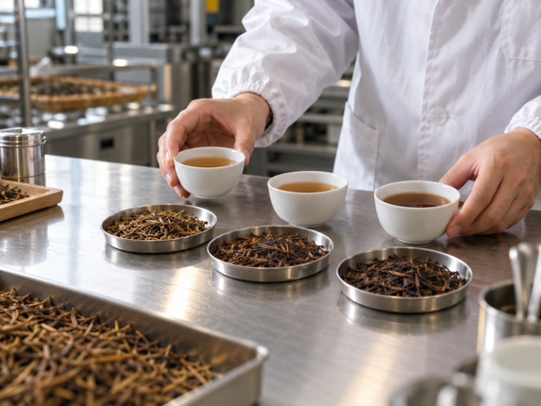 Product developer comparing cups of roasted hojicha in a tea factory application lab