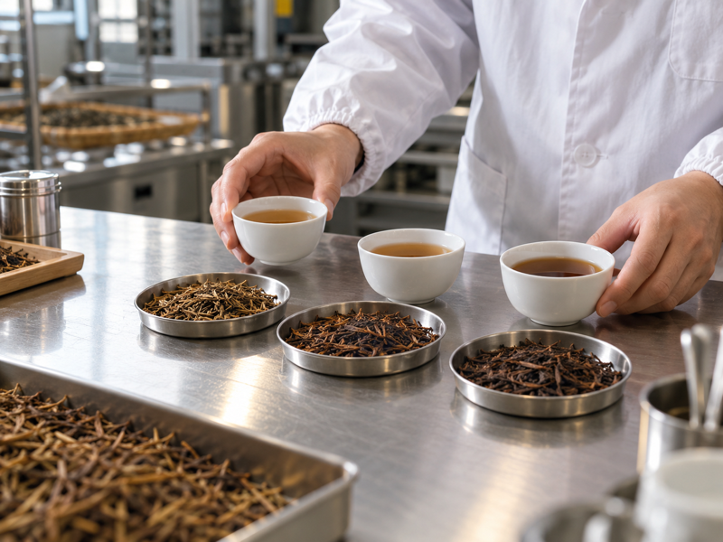 Product developer comparing cups of roasted hojicha in a tea factory application lab