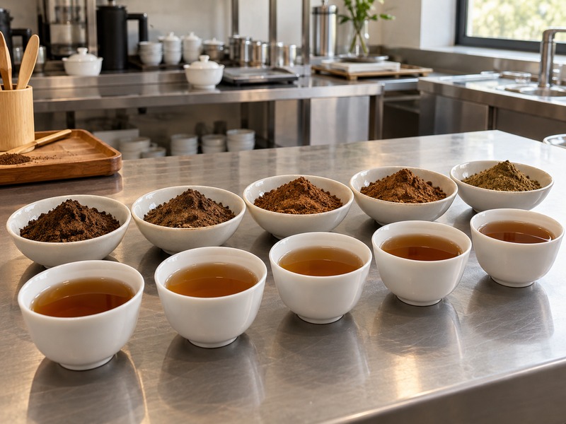 Blind hojicha sample tasting table