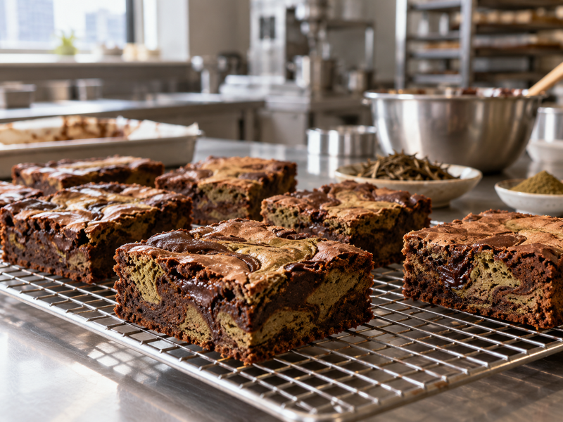 Hojicha brownies in a commercial tea test kitchen