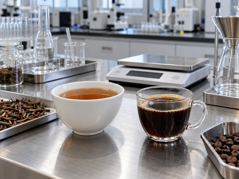 Hojicha caffeine vs coffee cups on a beverage testing bench