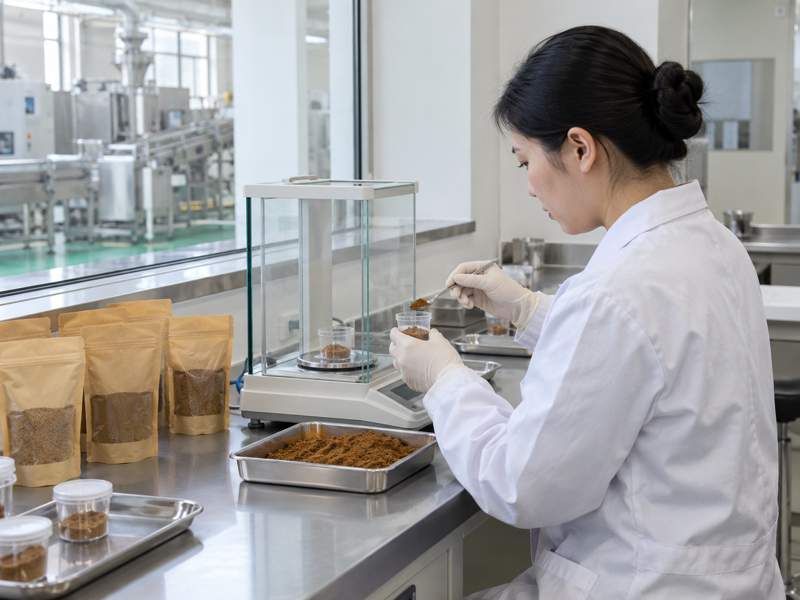 Technician measuring roasted hojicha powder in a tea ingredient quality laboratory