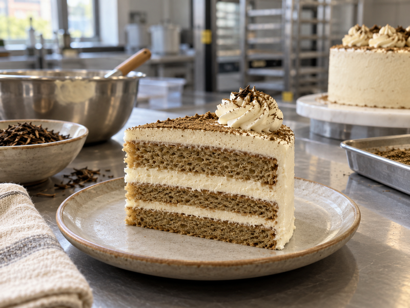 Hojicha cake in a commercial tea test kitchen