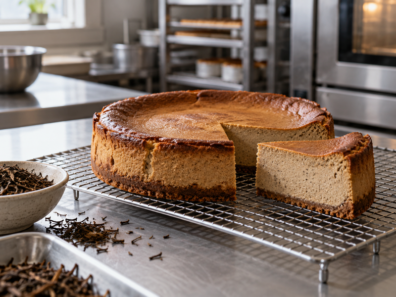 Hojicha cheesecake in a commercial tea test kitchen