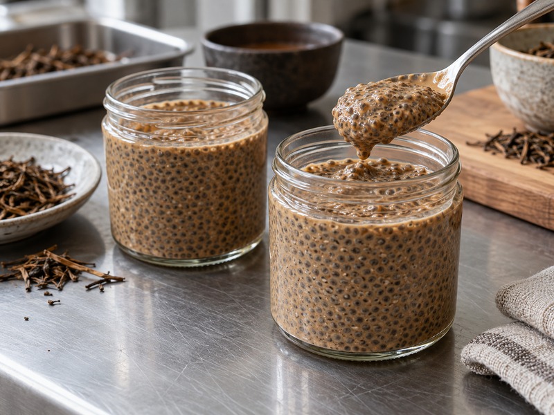 Hojicha chia pudding in glass jars