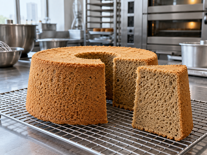 Sliced hojicha chiffon cake cooling on a wire rack in a bakery kitchen