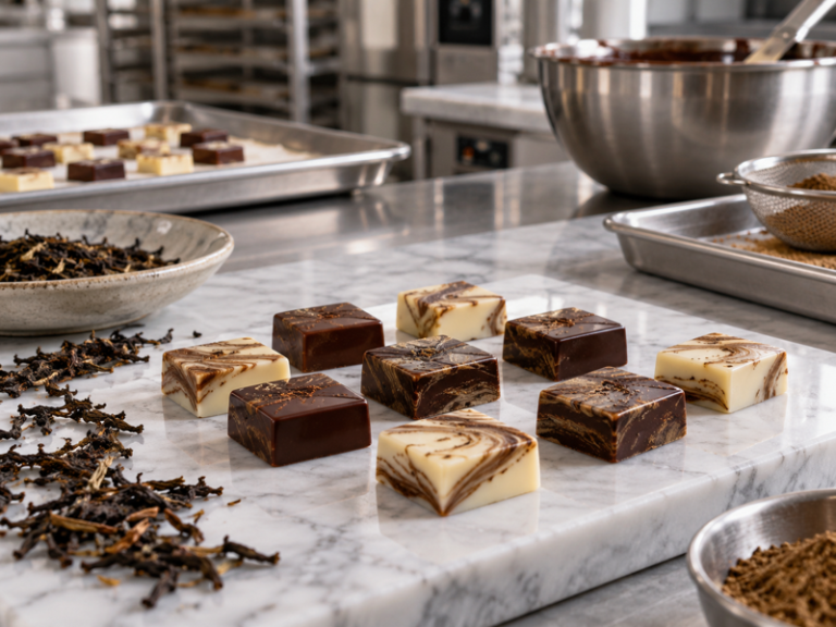 Dark and white hojicha chocolate squares with roasted tea leaves on a marble worktop