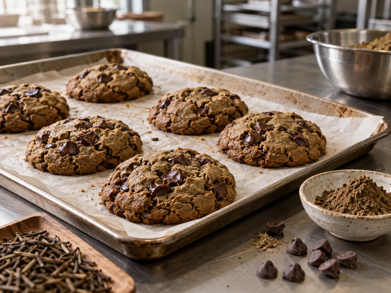 Hojicha chocolate chip cookies on a bakery tray