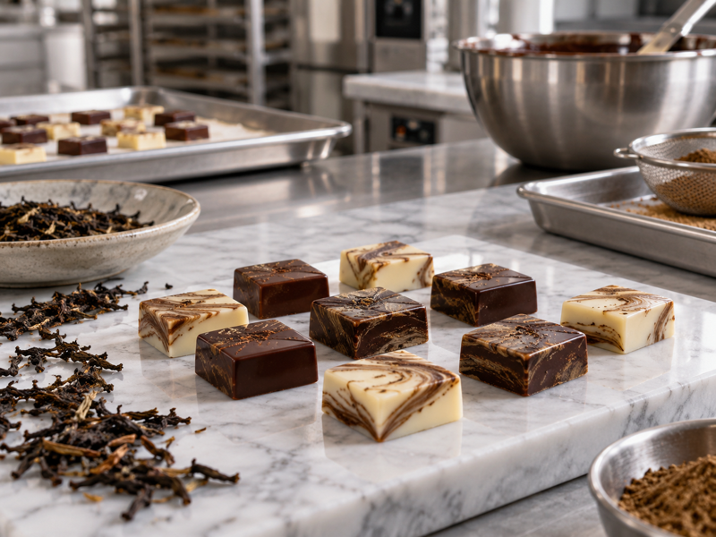 Dark and white hojicha chocolate squares with roasted tea leaves on a marble worktop