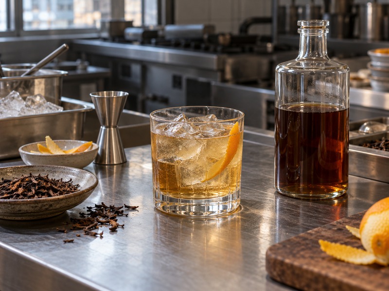 Hojicha cocktail on a bar test station