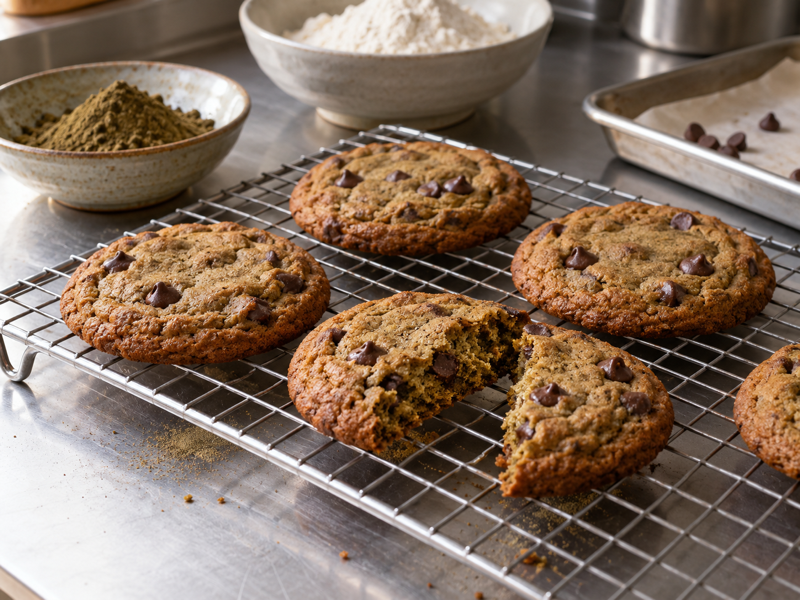 Hojicha chocolate chip cookies cooling on a rack in a bakery test kitchen