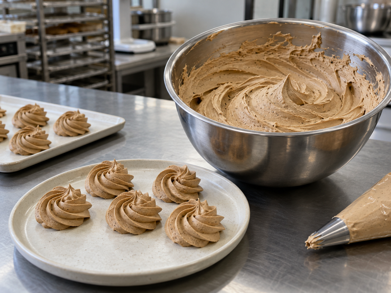 Piped hojicha cream beside a mixing bowl and pastry bag in a bakery kitchen