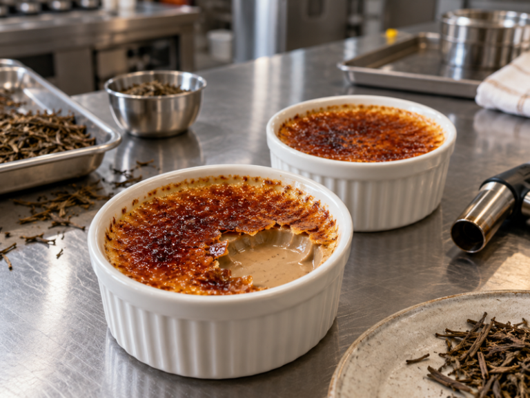 Two hojicha crème brûlées with caramelized sugar crusts, one spooned open beside a kitchen torch