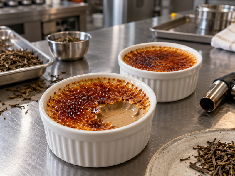 Hojicha creme brulee with caramelized sugar crust, one spooned open beside a kitchen torch